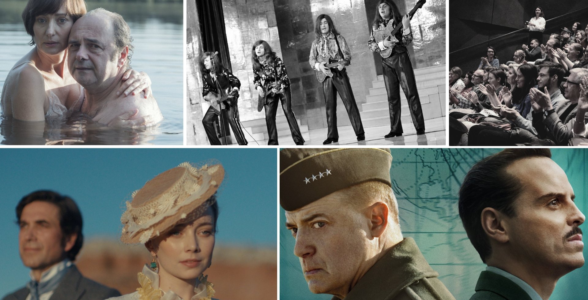 Kolaż pięciu zdjęć filmowych. Na górze para w wodzie, czarno-biały występ muzyczny i publiczność w kinie. Na dole kobieta w dawnym kapeluszu i elegancki mężczyzna oraz profil dwóch mężczyzn, w tym jednego w wojskowej czapce.
