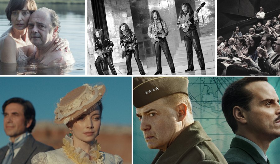Kolaż pięciu zdjęć filmowych. Na górze para w wodzie, czarno-biały występ muzyczny i publiczność w kinie. Na dole kobieta w dawnym kapeluszu i elegancki mężczyzna oraz profil dwóch mężczyzn, w tym jednego w wojskowej czapce.