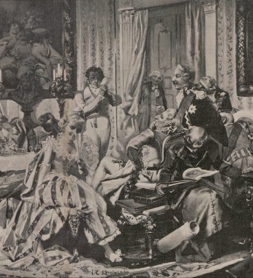 Czarno-biała ilustracja przedstawia zgromadzoną w salonie grupę mężczyzn i dam w osiemnastowiecznych strojach. Wszyscy są zajęci dyskusją. 