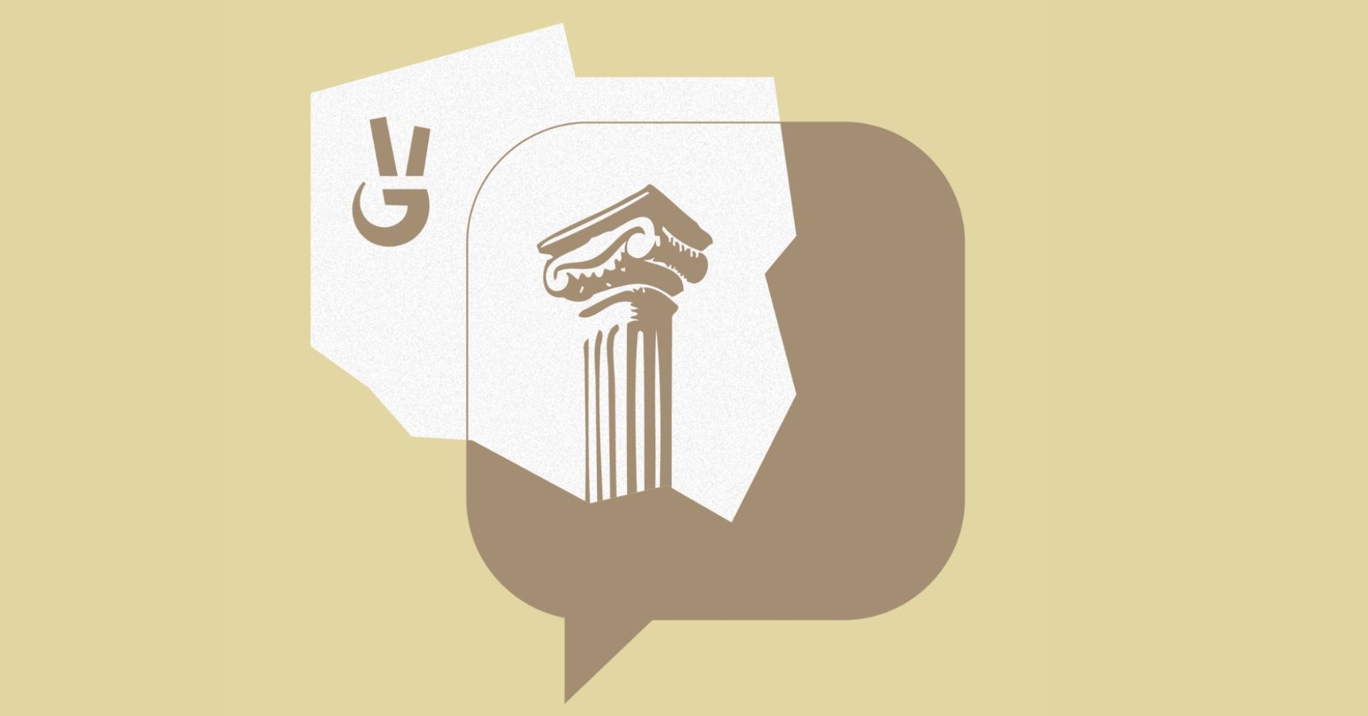 Grafika przedstawia brązowy dymek dialogowy na jasnym tle. Wewnątrz niego widać białe karty, na których umieszczono rysunek klasycznej kolumny greckiej oraz symbol przypominający literę „G” z dwoma poziomymi kreskami.